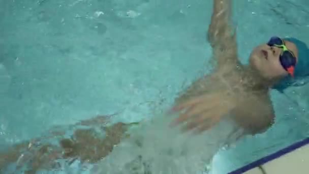 Pequeño Chico Caucásico Con Gafas Nadando Espalda Una Piscina Foto — Vídeo de stock