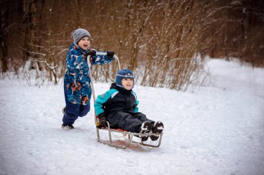 Beyaz çocuk, kış parkında kardeşini kızakla gezdiriyor. Yüksek kalite fotoğraf