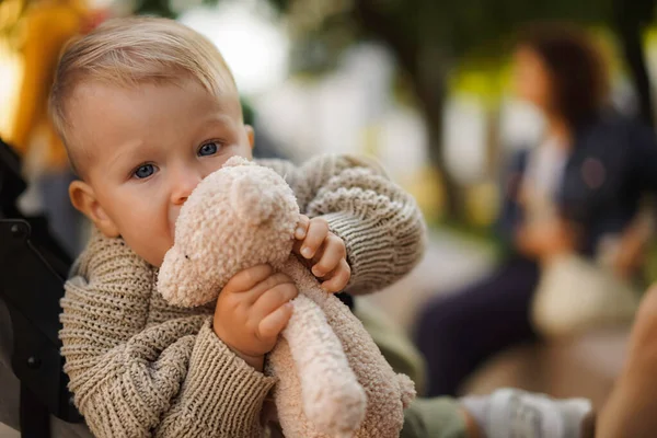 Cute Caucasian Baby Boy Sitting Buggy Biting Teddy Bear High — Foto Stock