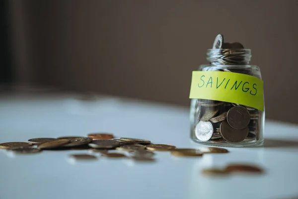 Saving Money Concept Glass Jar Full Coins Image Selective Focus — Stock Photo, Image