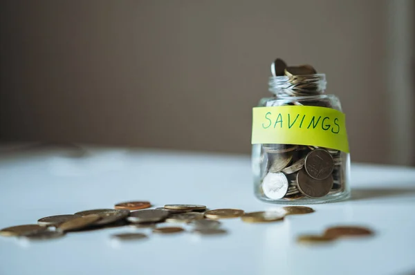 Saving Money Concept Glass Jar Full Coins Image Selective Focus — Stock Photo, Image