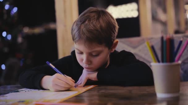 Cute Little Boy Drawing Colour Pencils Sitting Table Restaurant High — Stock Video