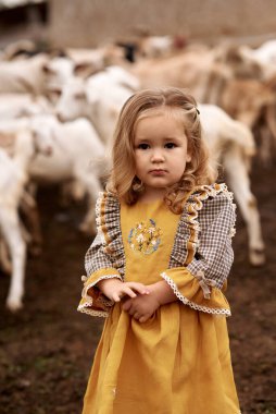 Güzel sarı elbiseli şirin bir çocuğun portresi bir çiftlikte keçi arka planında