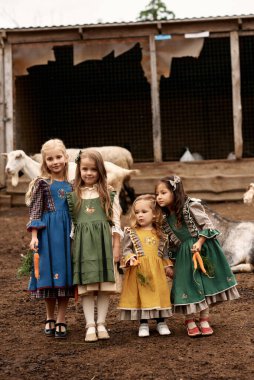 Güzel yeşil elbiseli şirin çocuklar çiftlikte keçi arka planında yürüyorlar.