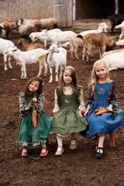 Güzel elbiseli şirin çocuklar çiftlikteki bankta oturmuş keçilerin arka planında