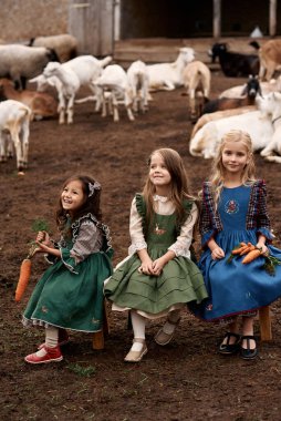 Güzel elbiseli şirin çocuklar çiftlikteki bankta oturmuş keçilerin arka planında