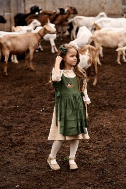 Çiftlikte yürüyen yeşil elbiseli şirin bir çocuğun portresi. 