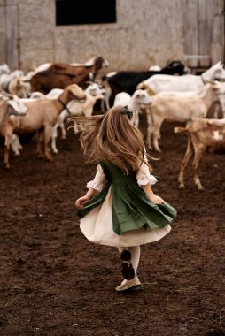 Çiftlikte yürüyen yeşil elbiseli şirin bir çocuğun portresi. 