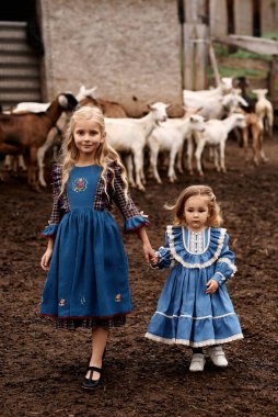 Güzel mavi elbiseli şirin çocuklar arka planda keçi çiftliğinde yürüyorlar.