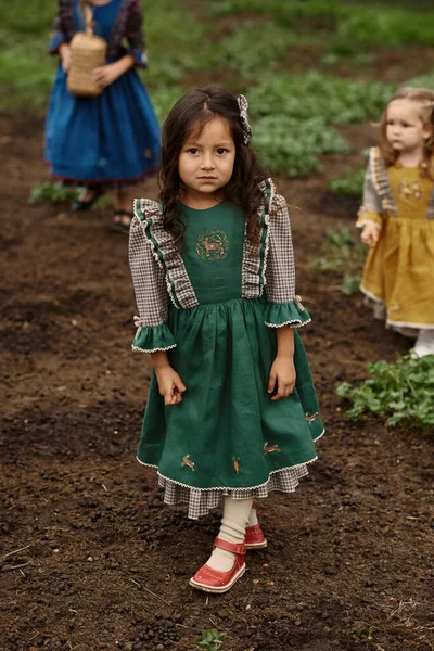 Güzel Yeşil Elbiseli Şirin Çocuklar Çiftlikte Keçi Arka Planında Yürüyorlar — Stok fotoğraf