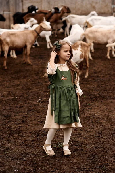 Çiftlikte yürüyen yeşil elbiseli şirin bir çocuğun portresi. 