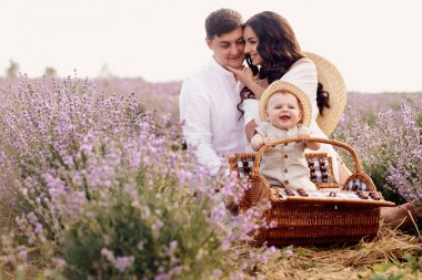 Lavanta tarlasında güzel, genç bir aile günü geçiriyor.
