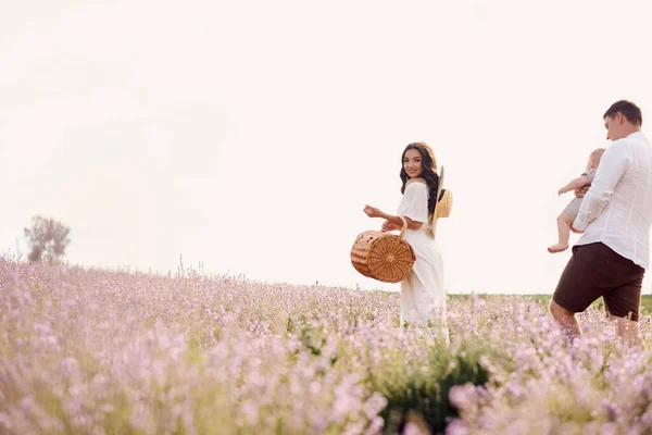 Beautiful Young Family Lavender Field Spends Day — ストック写真