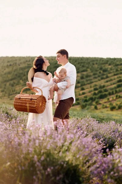 Mooie Jonge Familie Een Lavendelveld Brengt Dag Door — Stockfoto