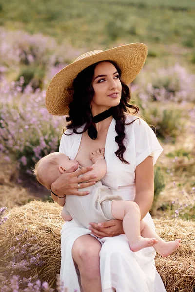 Bela Jovem Mãe Amamentando Bebê Campo Lavanda — Fotografia de Stock