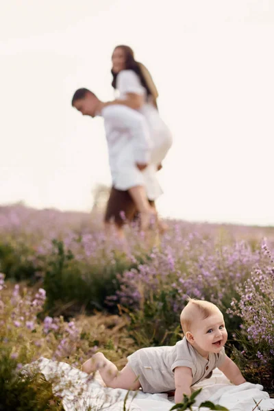 Beautiful Young Family Lavender Field Spends Day — ストック写真