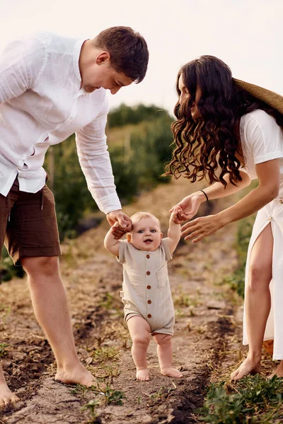 Tarlada Bebeği Olan Genç Güzel Bir Aile — Stok fotoğraf