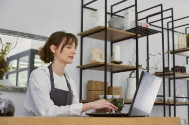 Dizüstü bilgisayarda çalışan güzel bir çiçekçi.