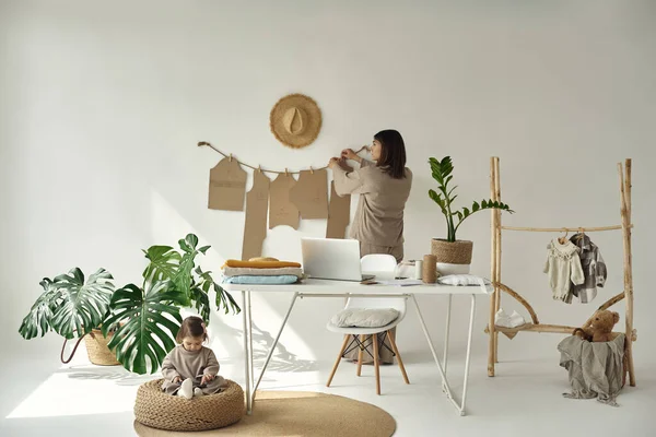 Young Beautiful Dressmaker Making Clothes Home Woman Standing Table Working — Stockfoto