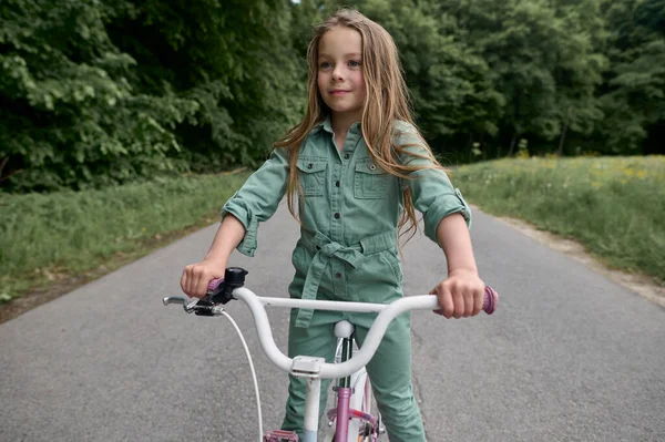 Happy Cheerful Child Girl Riding Bike Park Natur — Stock Photo, Image