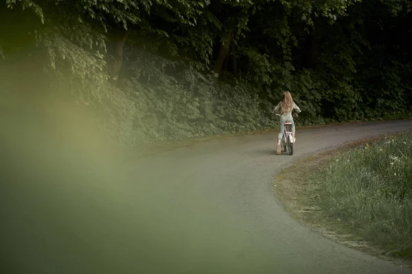 Fröhliches Fröhliches Kindermädchen Auf Dem Fahrrad Park Der Natur — Stockfoto
