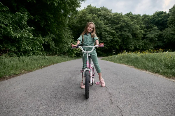 Happy Cheerful Child Girl Riding Bike Park Natur — Stock Photo, Image