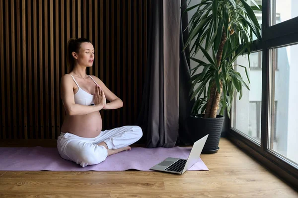 Beautiful Pregnant Woman Doing Exercise Home Laptop — Stock Photo, Image