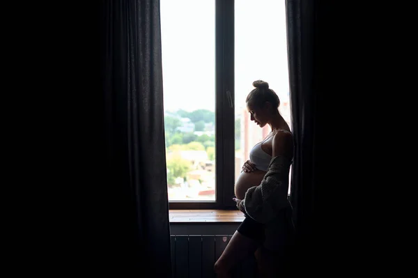 Mladý Krásný Těhotná Žena Stojící Blízkosti Okna Doma — Stock fotografie