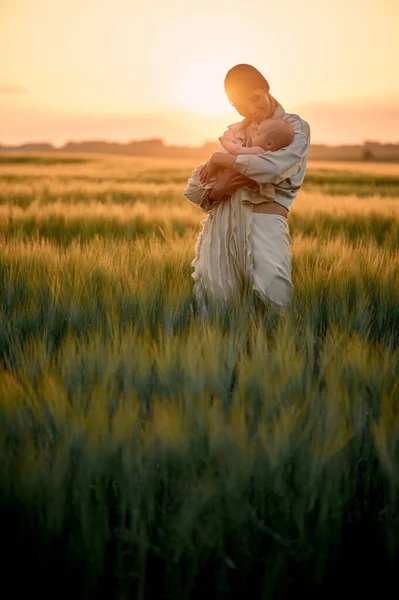 Portrait Young Mother Baby Her Arms Sunset Field Happy Family —  Fotos de Stock