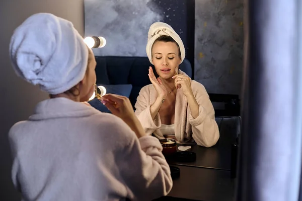 Portrait Beautiful Pregnant Woman Bathrobe Towel Making Beauty Face Massage — 스톡 사진