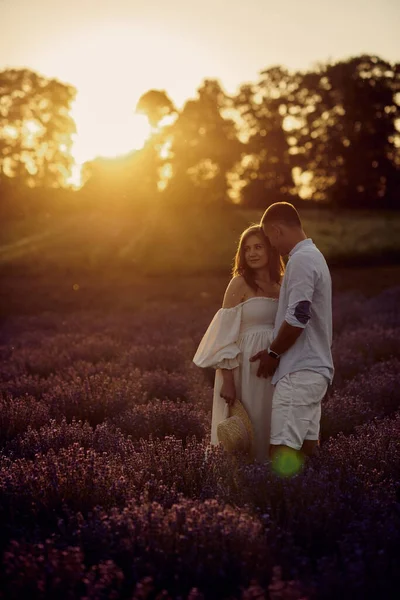 Retrato Jovem Belo Casal Grávida Campo Lavanda Pôr Sol Conceito — Fotografia de Stock