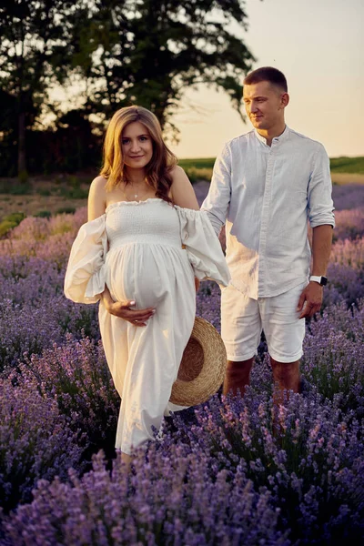 Young Beautiful Pregnant Couple Walking Lavender Field Sunset Happy Family — Photo