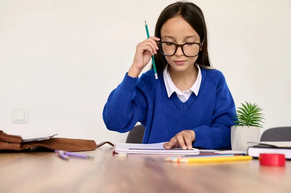 Portrait Little Schoolgirl Classroom 스톡 사진