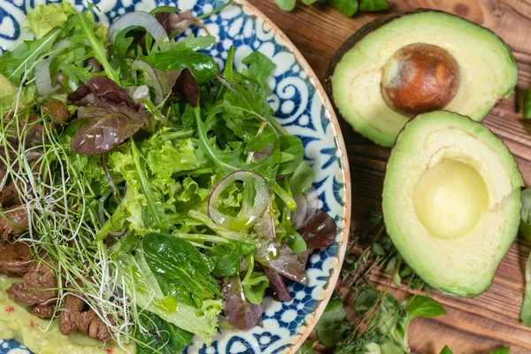 Mix salát s avokádem a okurka, s balsamikovým dresinkem Stock Obrázky