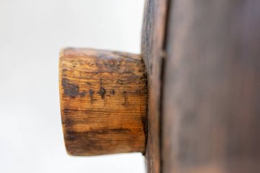 Mantarlı eski ahşap fıçı. Kapalı şarap fıçısı