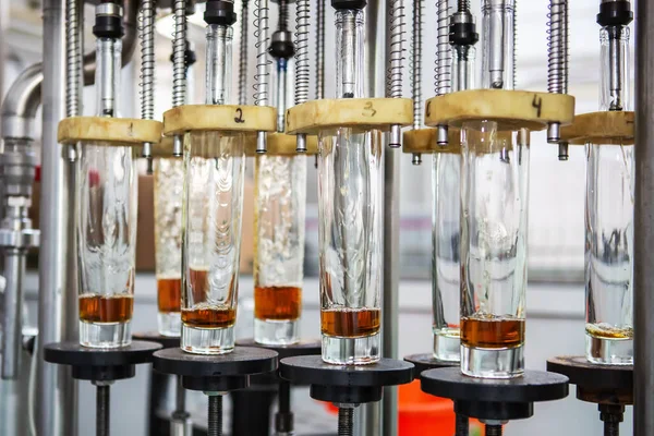 Немічені скляні пляшки в розливній машині на сучасному винзаводі — стокове фото