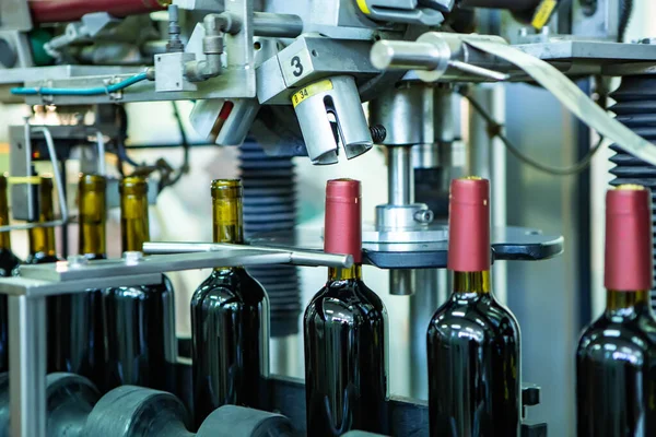 Neoznačené skleněných lahví v plnění stroje v moderní vinařství Stock Obrázky