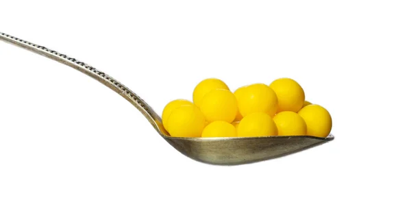 Sárga Dragee Vitaminokkal Kanálban Izolált Fehér — Stock Fotó