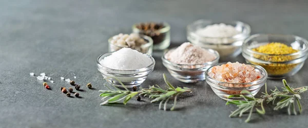 Different types of salt and culinary spices — Stok fotoğraf