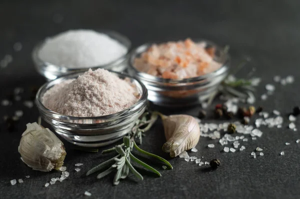 Diferentes tipos de sal y especias culinarias — Foto de Stock
