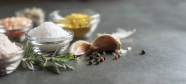 Different types of salt and culinary spices in glass plates on a dark background
