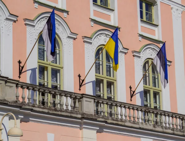 Bandera Ucraniana Entre Las Banderas Estonias Parlamento Estonia Riigikogu Señal —  Fotos de Stock