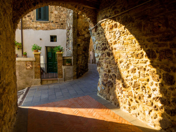 View of the entrance to the old town in Boccheggiano, Tuscany, Italy