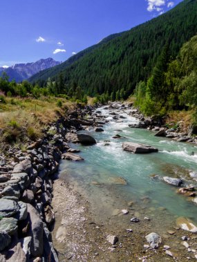 Kuzey İtalya, Aosta Vadisi 'ndeki Büyük Eyvia Torrent' in yaz manzarası