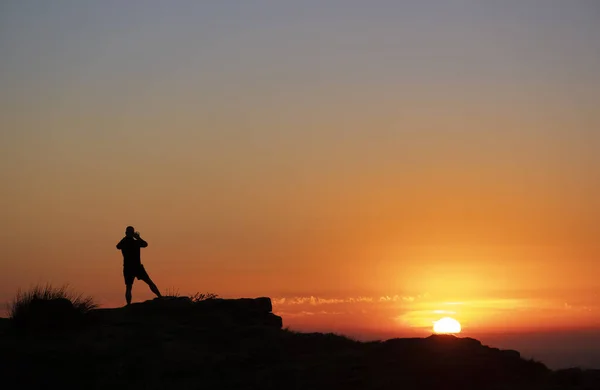 Hiker Photographing Sunrise His Cell Phone Top Mountain — Stok fotoğraf