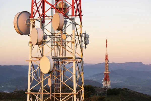 Antennas Telecommunication Towers Sunrise Mount Jaizkibel — стокове фото