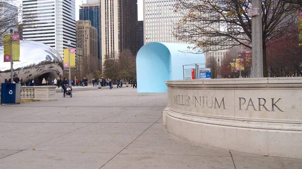 CHICAGO, ILLINOIS, UNITED STATES - DEC 11, 2015: Millennium Park is a public park in Chicago originally scheduled to open at its namesake millennium. The Cloudgate sculpture can be seen in the — Stock Photo, Image
