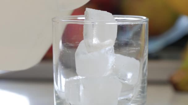Bir Kadehi Buz Küpleriyle Doldurmak Portakal Meyvesinden Taze Portakal Suyu — Stok video