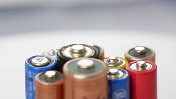 Used Consumed Rechargeable Alkaline Batteries Battery Can Source Pollution Recycling — Stock Video