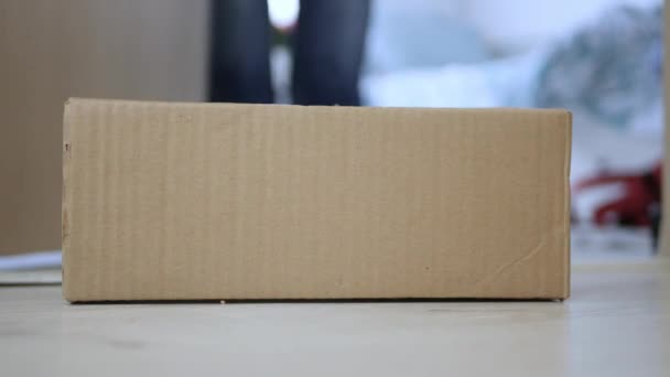 郵便配達人によって配達されるドアの前から郵便物を取る人 郵便サービス付きパッケージ — ストック動画